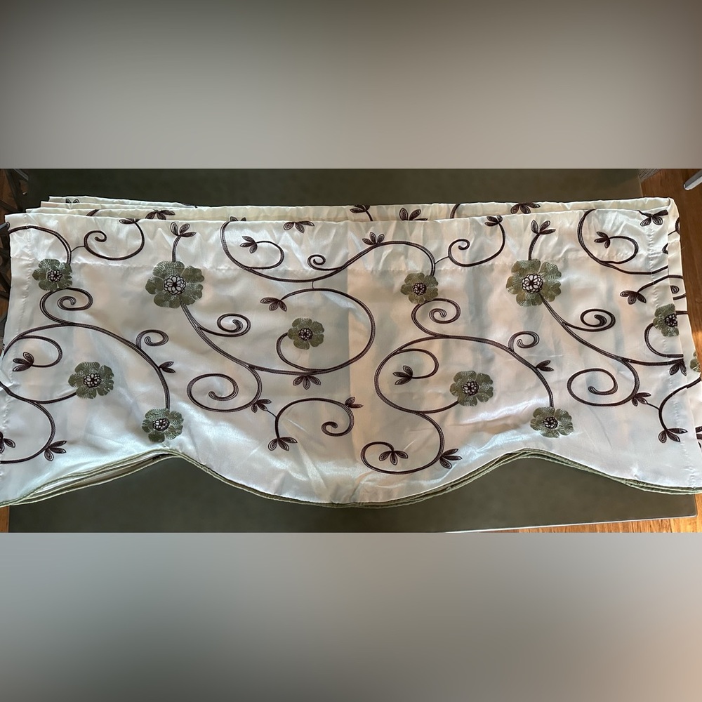 Lush Elegant Floral Embroidered Lined Valance, Ivory, Green, Brown, 18 x 42